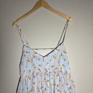 Light Blue & Blush Floral Mini Baby Doll Dress Sz S Open Back Spaghetti Strap